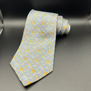 Ermenegildo Zegna 100% Silk Neck Tie Blue Gray Gold & Silver Floral Squares